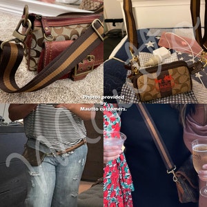 Photos from Mautto customers showing accessory strap on their designer purses and handbags.