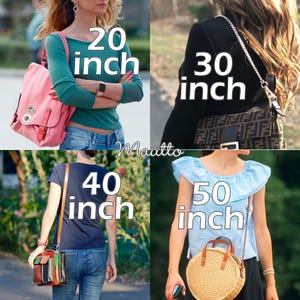 Strap size guide showing photos of shoulder length to cross body length straps attached to bags and worn by women.