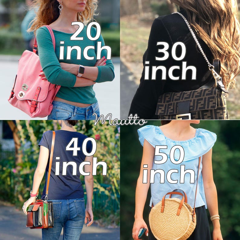 Strap size guide showing photos of shoulder length to cross body length straps attached to bags and worn by women.