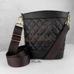 Bandoulière réglable marron foncé (de 34 à 55 pouces d'épaule à bandoulière) - Nylon satiné ultra luxueux - 1,5 pouces de large/confortable - Style de clip et finition au choix