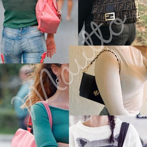 Photos of women wearing short shoulder length straps and shoulder length straps on purses and handbags.