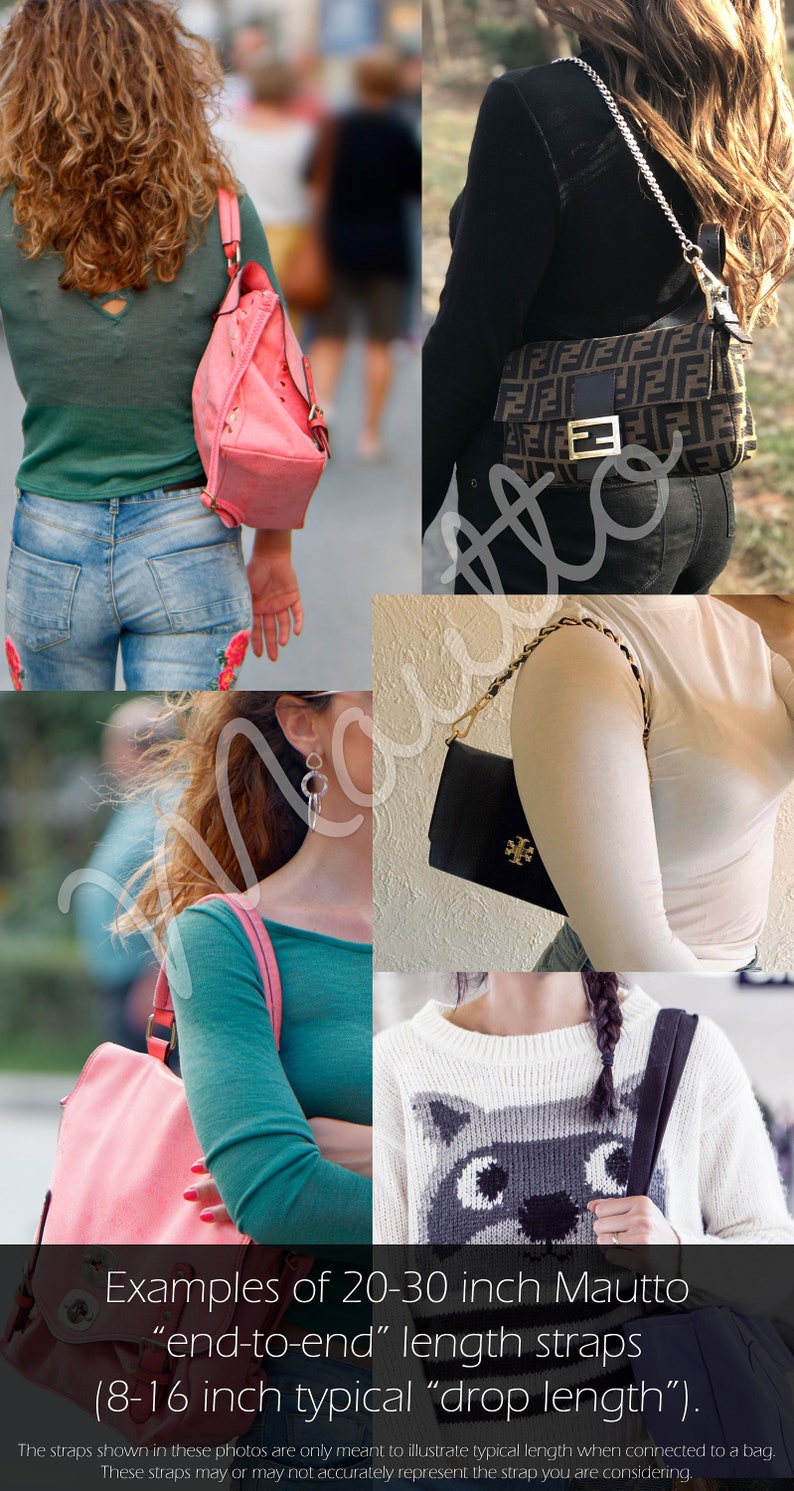Photos of women wearing short shoulder length straps and shoulder length straps on purses and handbags.