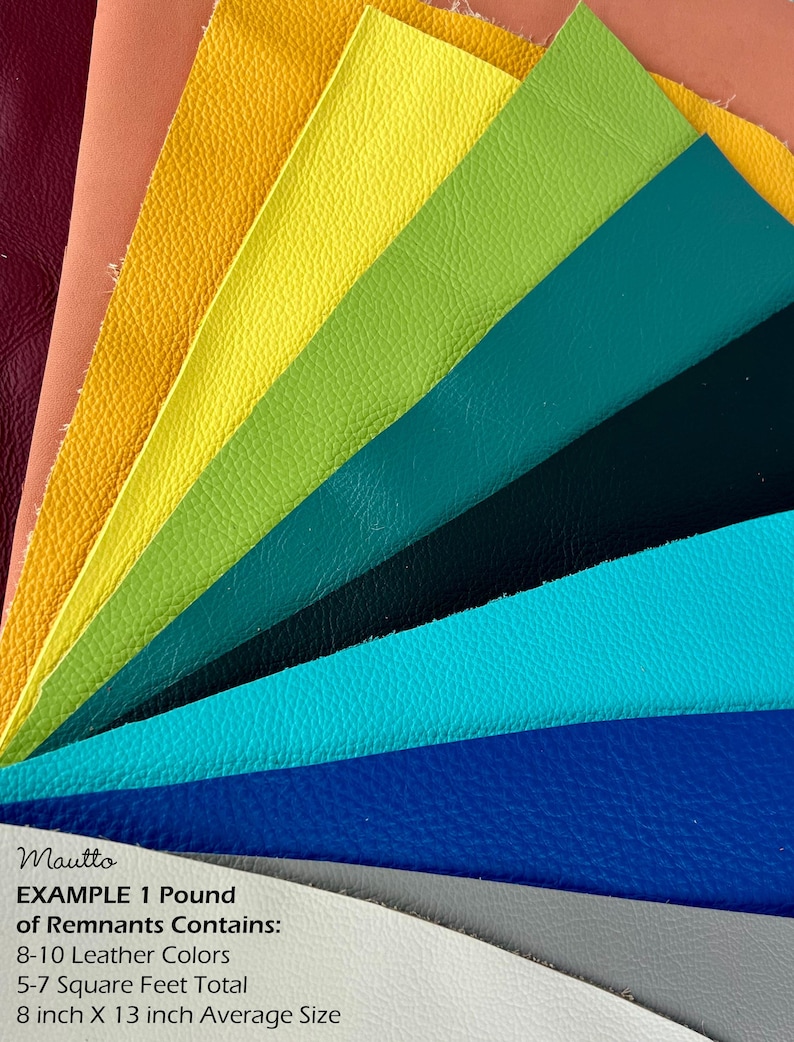 Colorful leather scraps and remnants in red, orange, yellow, green, light blue, dark blue, beige and more.