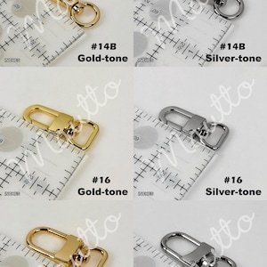 Swiveling clip/clasp styles for Mautto metallic gold leather accessory straps.
