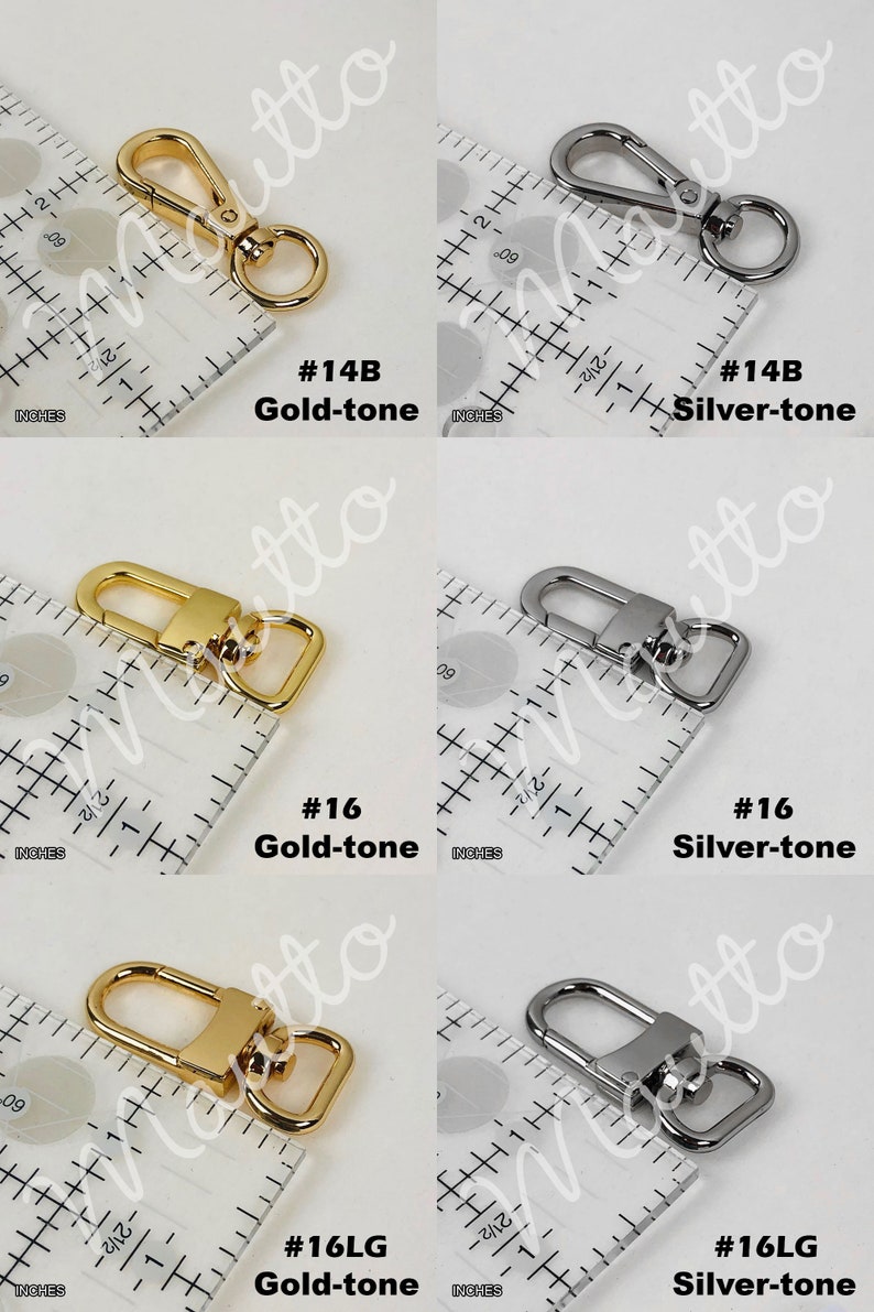 Swiveling clip/clasp styles for Mautto metallic gold leather accessory straps.