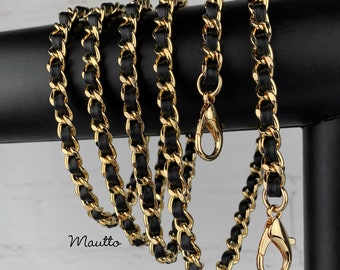 Extra Petite GOLD Chain Strap with Black Leather Weave - Mini Classy Curb  Diamond Cut Chain - Choose Length & Clasps