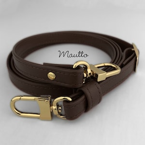 Dark Brown (Damier Ebene) leather strap for LV Louis Vuitton Pochette / Alma / Eva and more. Adjustable length from short shoulder to extra long cross body positions. Made by hand in the USA with genuine leather.