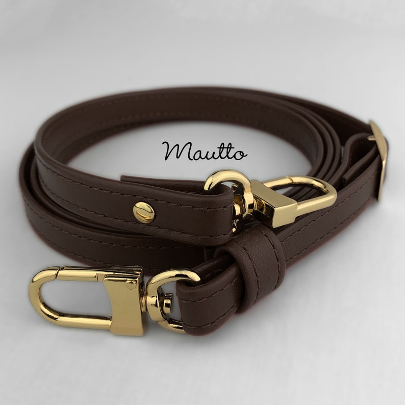 Dark Brown (Damier Ebene) leather strap for LV Louis Vuitton Pochette / Alma / Eva and more. Adjustable length from short shoulder to extra long cross body positions. Made by hand in the USA with genuine leather.