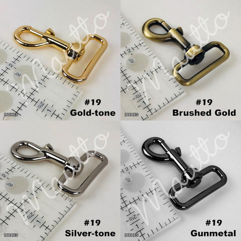 Swiveling clip styles and finishes available for thick nylon straps by Mautto.