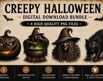 Digitale downloadbundel Halloween, gotische hekskunst, enge Jack O Lantern png, griezelige png-bestanden voor tshirts, griezelige halloween-clipartbundel