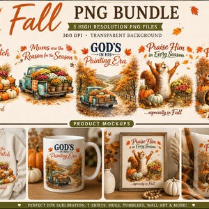 Könnte beinhalten: Ein digitales Paket mit fünf herbstlichen PNG-Dateien, die Illustrationen von Lastwagen mit Kürbissen, Eichhörnchen und Laub zeigen. Die Designs enthalten Texte wie Meet Me at the Pumpkin Patch, God's in His Painting Era und It's Fall Ya'll.