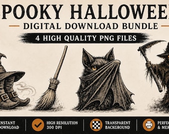 Spooky Halloween PNG-bundel, heks clipartset, enge vogelverschrikker digitale download, vleermuis PNG, heksenhoed bezem sublimatieontwerp,