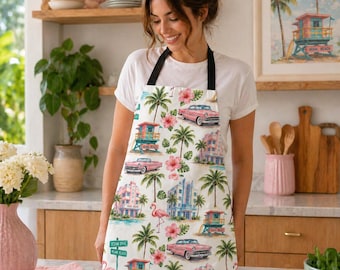 Miami Retro Kitchen Apron, Chef Gift, City Themed Kitchen Accessory, Coastal Cooking Gift, Coastal Cooking Decor Pattern