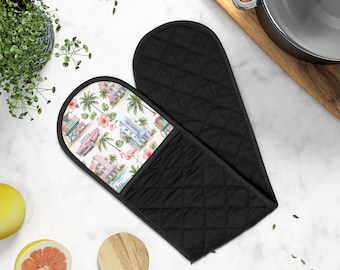 Guantes de cocina con estampado de Miami Beach, agarradera de doble asa, guantes de cocina con temática urbana, decoración costera, decoración para casas de playa, accesorio de cocina