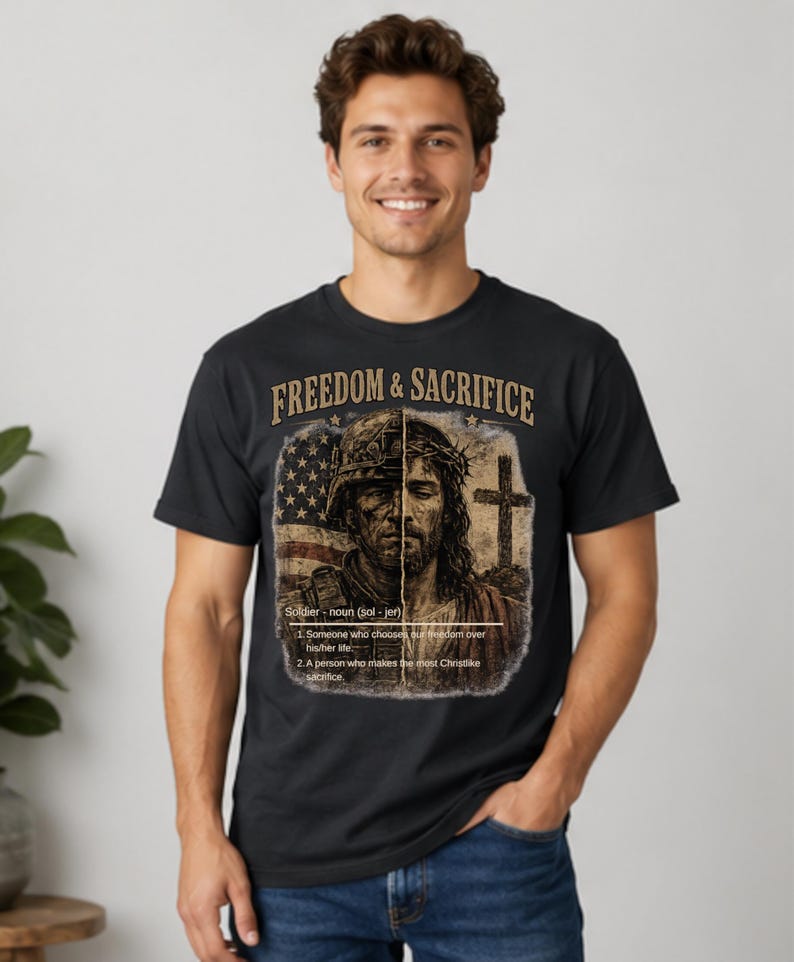 Comfort Colors® Freiheit Shirt, Soldat und Jesus T-Shirt, Christliches Vaterländisches T-Shirt, Militärischer Glaube Grafikhemd, veteran Geschenk Bild 1