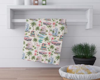 Miami Beach Tea Towel Retro Design, Beach House Kitchen Decor, Kitchen Accessories, Summer Tea Towel Design, Flamingo Decor Pattern