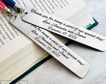 Wedding Reader Bookmark, Silver Metal Bookmark Engraved and Personalized, Thank You For Being A Part Of Our Special Day, Tassel Color Option