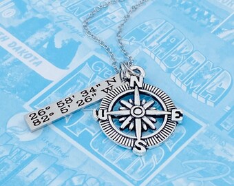 Compass Necklace, Coordinates Necklace, Latitude Longitude Necklace, Latitude Longitude Jewelry, Coordinates Jewelry, Compass Jewelry