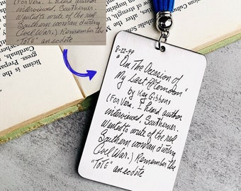 Custom Handwriting Bookmark, Silver Stainless Steel Engraved Bookmark with Your Handwritten Message or Drawing, Choose Your Tassel Color