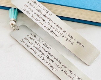Teacher Appreciation Bookmark, Definition of Rockstar Teacher, Silver Stainless Steel Tassel Bookmark with Optional Personalization