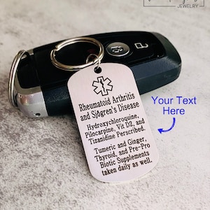 Medical Alert Tag or Keychain, Silver Stainless Steel 2 inch Dog Tag Style ID Tag Laser Engraved with Custom Emergency Info, 2-Sided Option