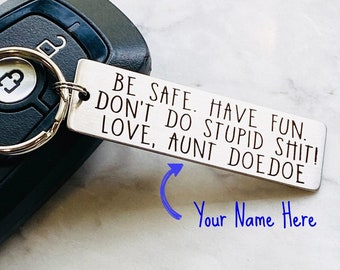 Don't Do Stupid Shit Keychain, Personalized Funny Keyring Laser Engraved on Stainless Steel, Customize With Your Name, Gift Bag Included