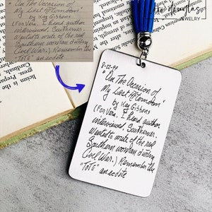 Custom Handwriting Bookmark, Silver Stainless Steel Engraved Bookmark with Your Handwritten Message or Drawing, Choose Your Tassel Color