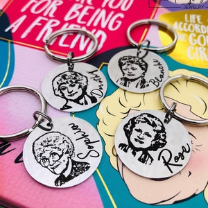Golden Girls Inspired Keychain, 1&quot; Silver Stainless Steel Engraved with Rose, Blanche, Dorothy, and Sophia, Sold Individually or Set of 4