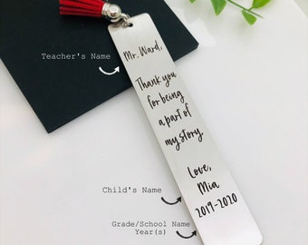 Teacher Appreciation Bookmark, Engraved Steel Bookmark Personalized with Teacher and Student's Name, Choose Your Tassel Color