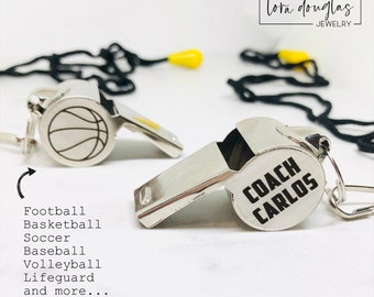 Personalized Whistle, Silver Stainless Steel Whistle Laser Engraved with Name and Sports Graphic, Lanyard and Gift bag Included