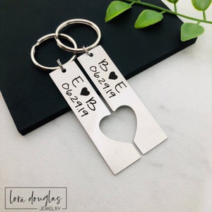 Personalized Keychain Set, Silver Stainless Steel Keychain Set, Engraved Keychain Set, Heart cutout Keychain Set, Anniversary Gift