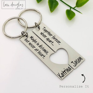 Metal Heart Cutout Keychain Set, 2 Piece Silver Stainless Steel Keychains, Together Forever Never Apart Maybe in Distance but Never at Heart
