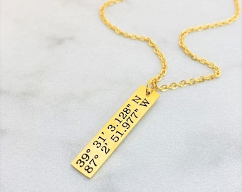 Custom Coordinates Necklace, Personalized Latitude Longitude Stainless Steel Bar Necklace with 24 inch Chain, Silver, Gold, or Rose Gold