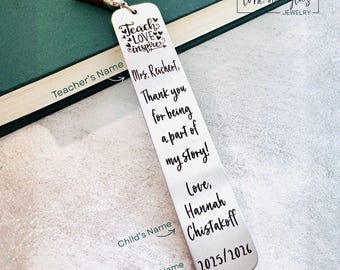 Personalized Teacher Appreciation Bookmark, Teach Love Inspire, Custom Engraved Silver Metal Bookmark with Teacher's Name and Tassel Color