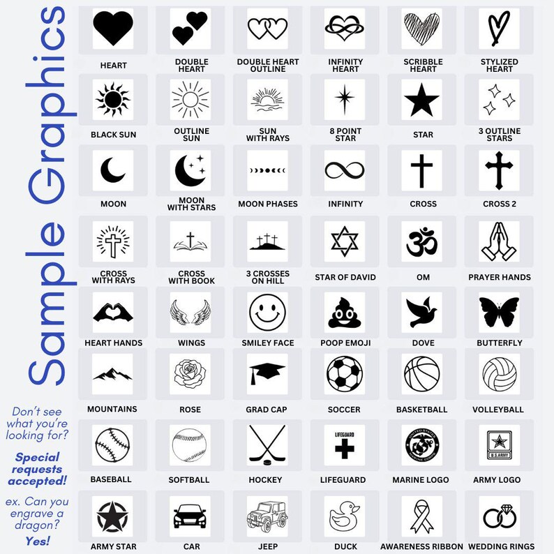selection of graphics that can be included on Engraved Metal Bookmark, Design Your Own Custom Bookmark, Laser Engraved Silver Stainless Steel bookmark Personalized with Choice of Font and Tassel color