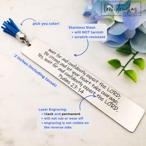 Engraved Bible Verse Bookmark, Silver Stainless Steel Bookmark Laser Engraved with Your Bible Verse, Customize with Font and Tassel Color image 4