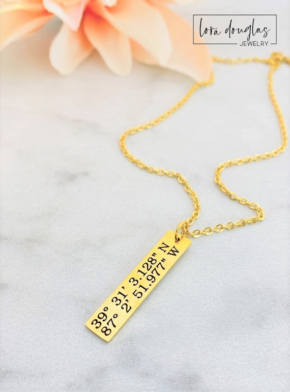 Custom Coordinates Necklace, Personalized Latitude Longitude Stainless Steel Bar Necklace with 24 inch Chain, Silver, Gold, or Rose Gold