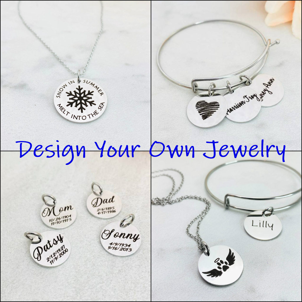 Personalized Engraved Jewelry, Custom Engraving, Charm, Necklace, Bracelet, Sterling Silver or Stainless Steel, Design Your Own Jewelry