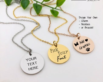 Personalized Stainless Steel Charms in Gold, Silver, or Rose Gold, Custom Engraving, Design Your Own Jewelry