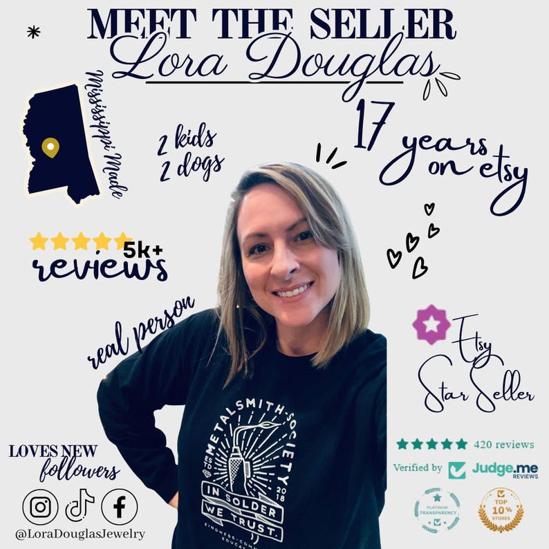 May include: Image featuring Lora Douglas, an Etsy seller, with text that reads "Meet the Seller." The image includes the text "17 years on etsy," "5k+ reviews," and "Etsy Star Seller." The seller is wearing a black shirt with a graphic.