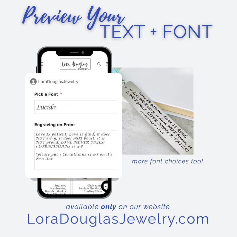 May include: A mockup of a phone screen displaying a jewelry website, with text preview options. A silver bar pendant with engraved text is shown. The text on the pendant reads: "Love is patient, Love is kind..." The website is for LoraDouglasJewelry.