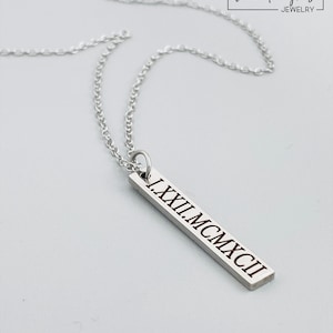 Roman Numerals Necklace, Custom Engraved Bar Pendant in Silver, Gold or Rose Gold Stainless Steel with 24 inch chain, Customized with Date