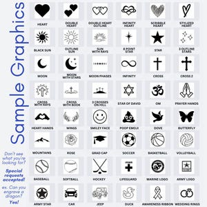 May include: A graphic design sheet featuring various black and white illustrations. Designs include hearts, stars, crosses, sports balls, and other symbols. Text on the left says "Sample Graphics" and "Special requests accepted!"
