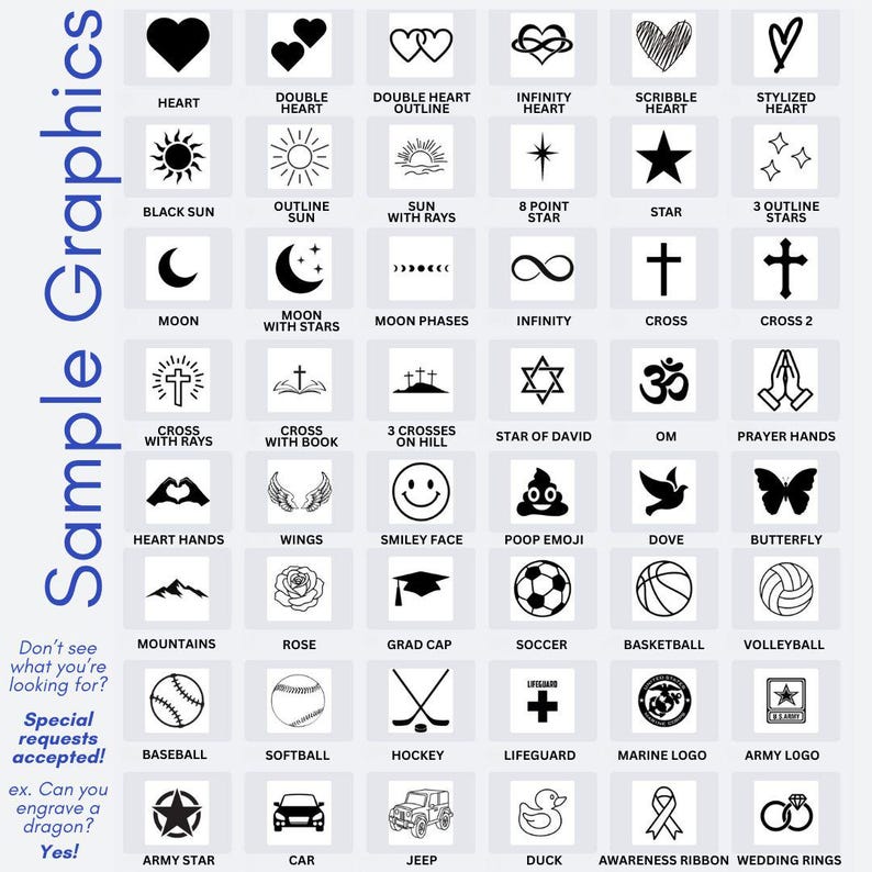 May include: A graphic design sheet featuring various black and white illustrations. Designs include hearts, stars, crosses, sports balls, and other symbols. Text on the left says "Sample Graphics" and "Special requests accepted!"