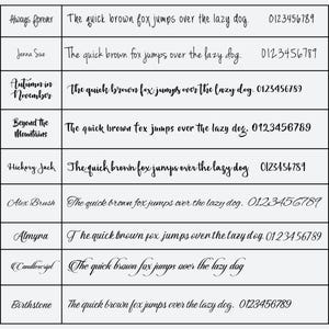 May include: A collection of font samples, each displaying a different font style. Each sample includes the phrase "The quick brown fox jumps over the lazy dog" and a set of numbers. The fonts vary from elegant scripts to more casual styles.