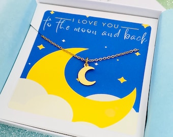 I love you to the moon and back, Crescent Moon Necklace, Moon Necklace, Gold Necklace, Stainless Steel, Moon Charm, To the Moon and Back