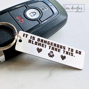 Legend of Zelda Keychain, It’s Dangerous to Go Alone Quote Laser Engraved on Silver Stainless Steel with Optional Personalization on Back