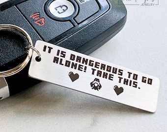 Legend of Zelda Keychain, It’s Dangerous to Go Alone Quote Laser Engraved on Silver Stainless Steel with Optional Personalization on Back