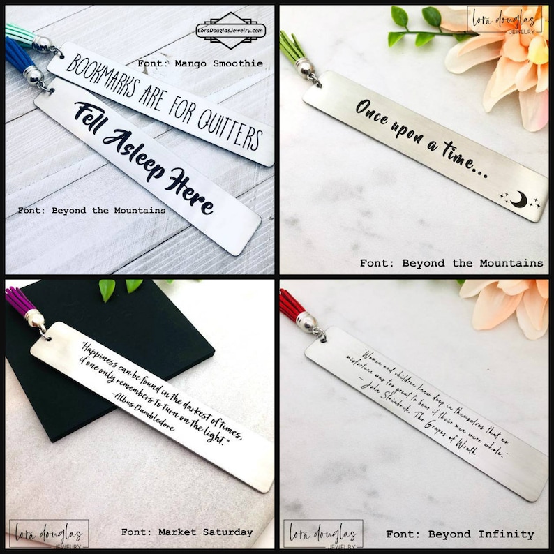 Custom metal bookmarks featuring engraved stainless steel designs with personalized messages and text. Durable laser engraved bookmarks with choice of fonts and tassel colors make thoughtful gifts for teachers, students, book lovers, book clubs, readers, and wedding celebrations.