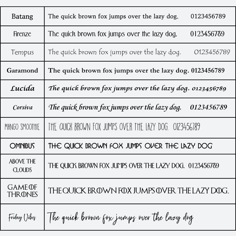 selection of font choices for Engraved Metal Bookmark, Design Your Own Custom Bookmark, Laser Engraved Silver Stainless Steel bookmark Personalized with Choice of Font and Tassel color